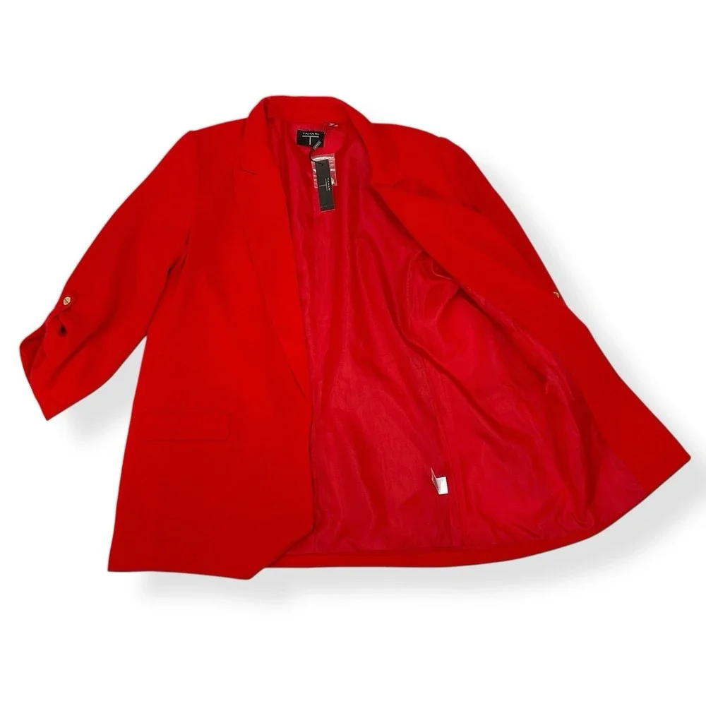 Tahari Blazer Women XL Red Long Sleeve Open‎ Front Lined Roll Tab Notch NWT